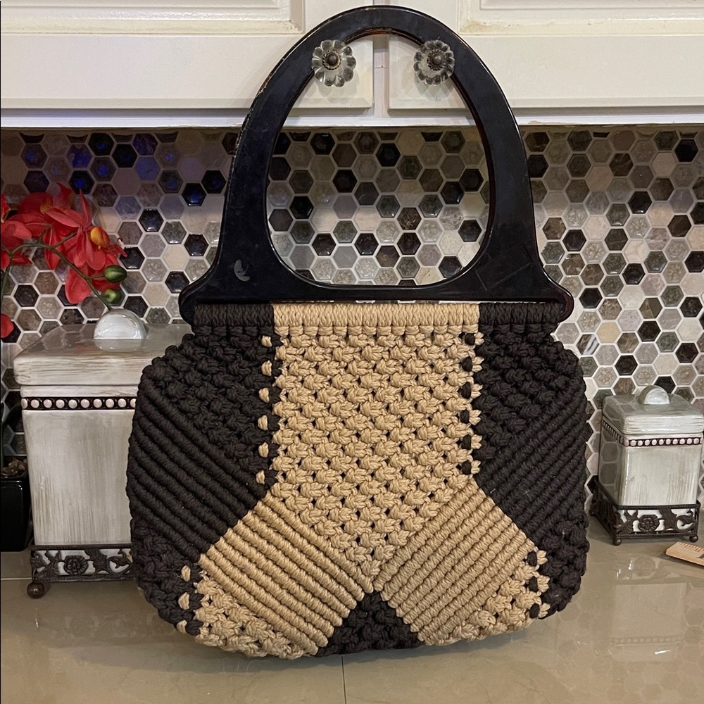 Vintage 70s Macrame Purse Handbag Boho Hippie Lined Bag Faux Wood Handles